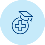 Icon representing the hospital + symbol, topped with a graduate cap.