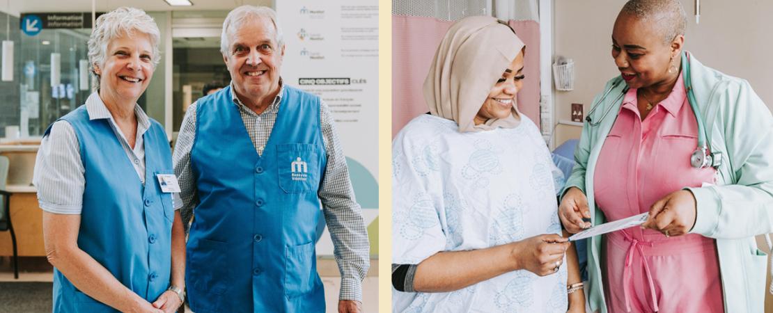 Montage de 2 images, à gauche, 2 bénévoles qui sourient et à droite, une professionnelle de la santé en dialogue avec une patiente
